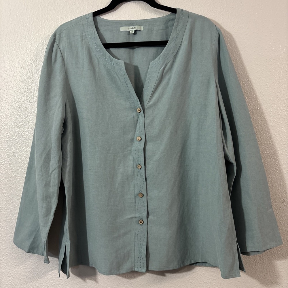 Nurture Top Women's 14 Green Silk & Linen Button Front Lightweight Boho Gypsy